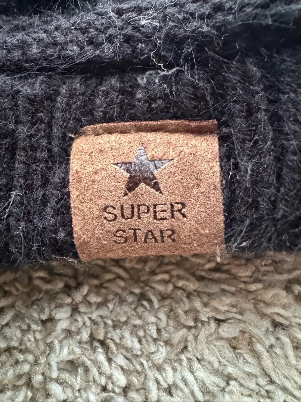 Super Star Black Knit Beanie Hat Acrylic Winter Cap Approx 7 Inch